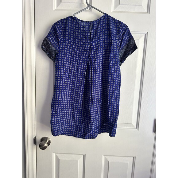 Madewell Size XS 100% Silk Top Blue Geometric Paisley Short Sleeve Blouse - Picture 5 of 5
